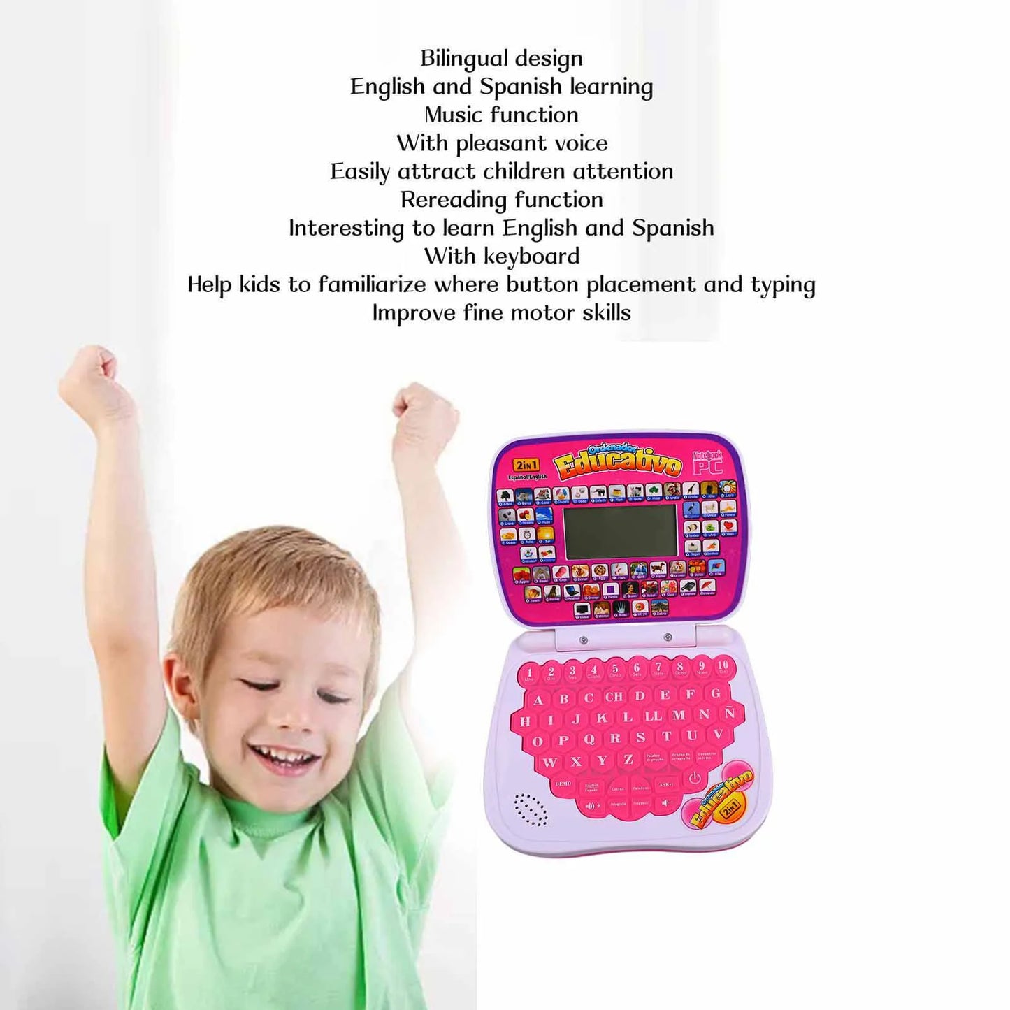 ZK40 Kids Learning Machine English Spanish Music Function Interactive Educational Laptop for Children Pink