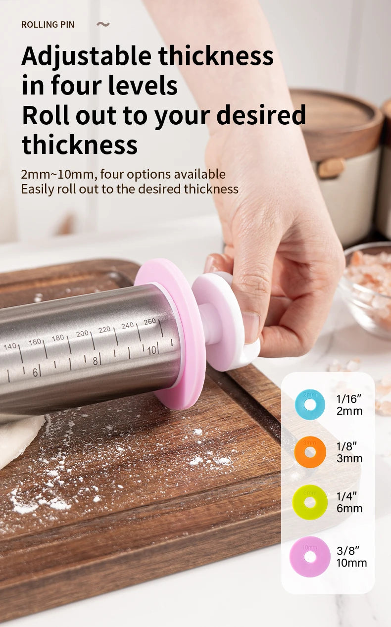 13.78 Inch Stainless Steel Adjustable Rolling Pin with 4 Thickness Removable Rings Dough Roller for Pizza Cookie Baking Tools