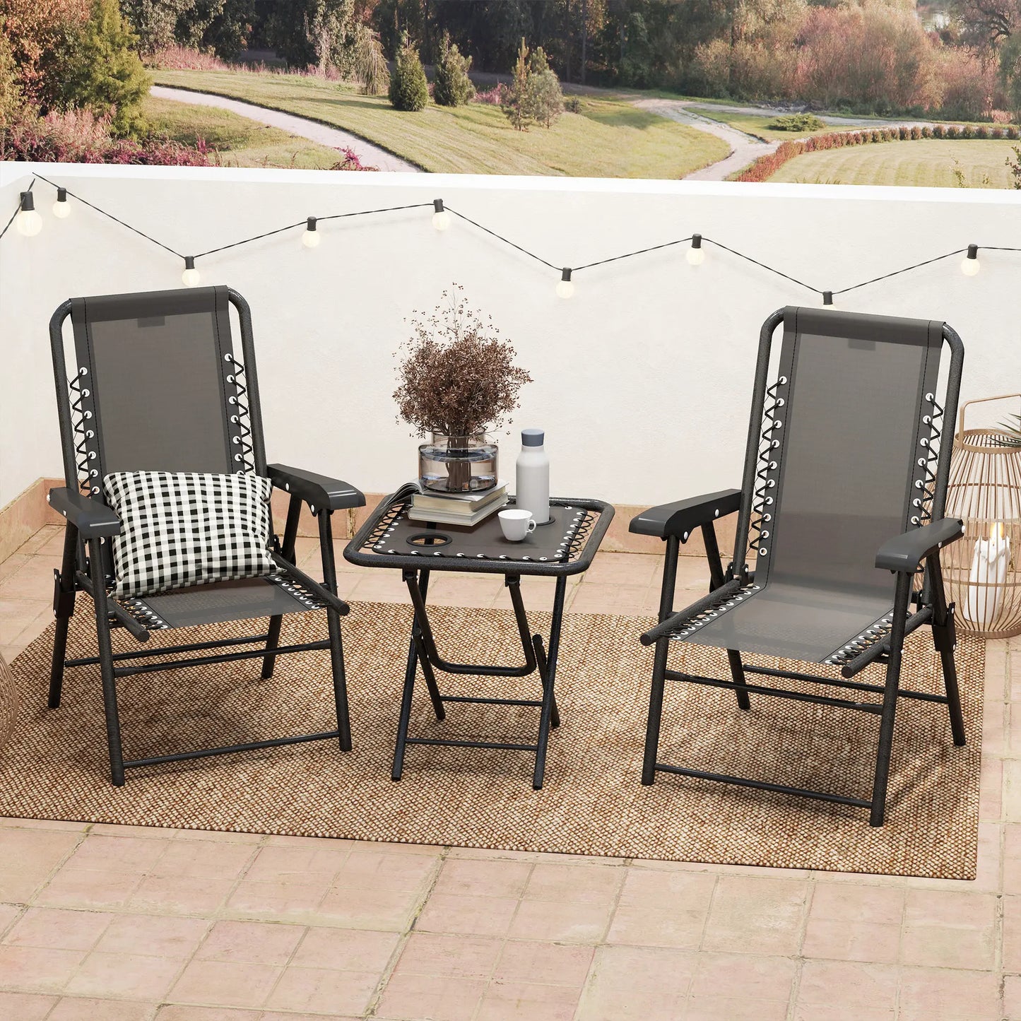 Outsunny 3 Pieces Garden Bistro Set, Folding Table and Chairs Set, Metal Garden Furniture Set with Cup Holders