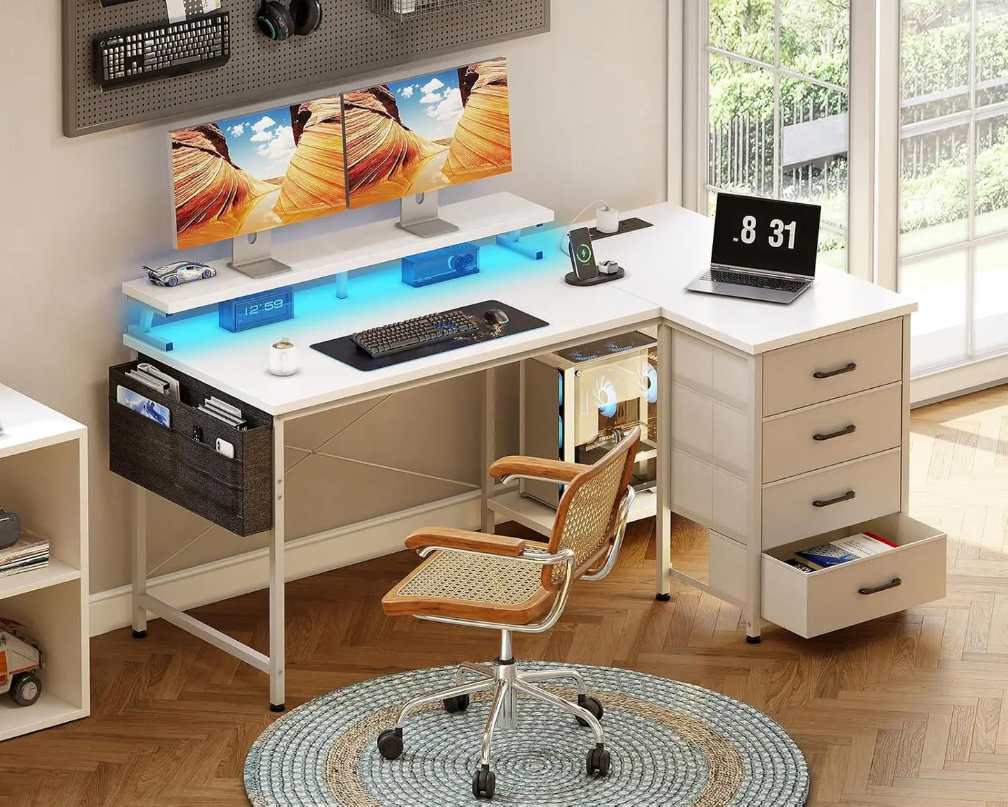 Coleshome L Shaped Gaming Desk with LED Lights & Power Outlets, 140x80cm Corner Computer Desk with Drawers, White