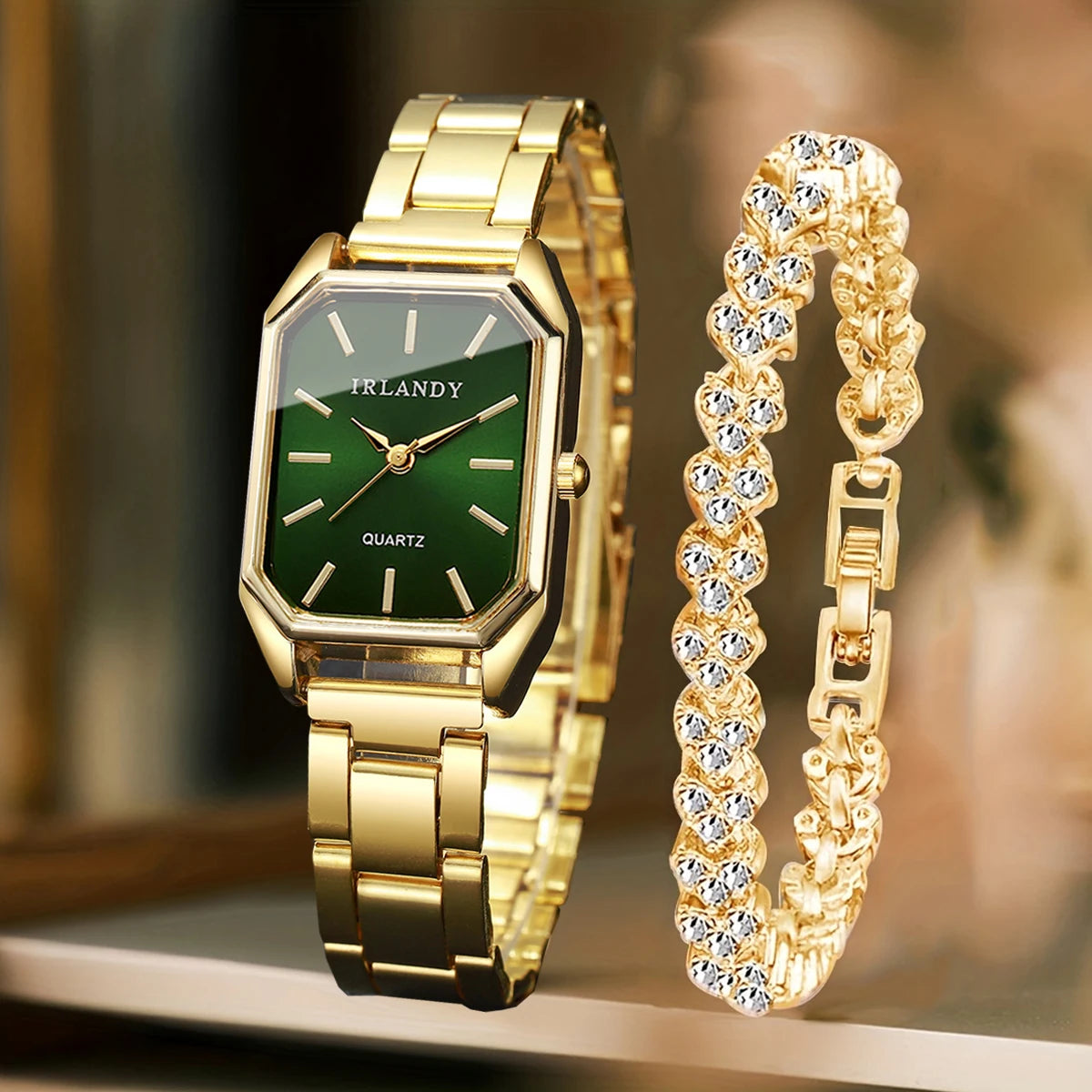 2PCS Fashion Rectangle Women Quartz Watch Rhinestone Bracelet Set Elegant Ladies Wristwatches Reloj Mujer Clock（Without Box）