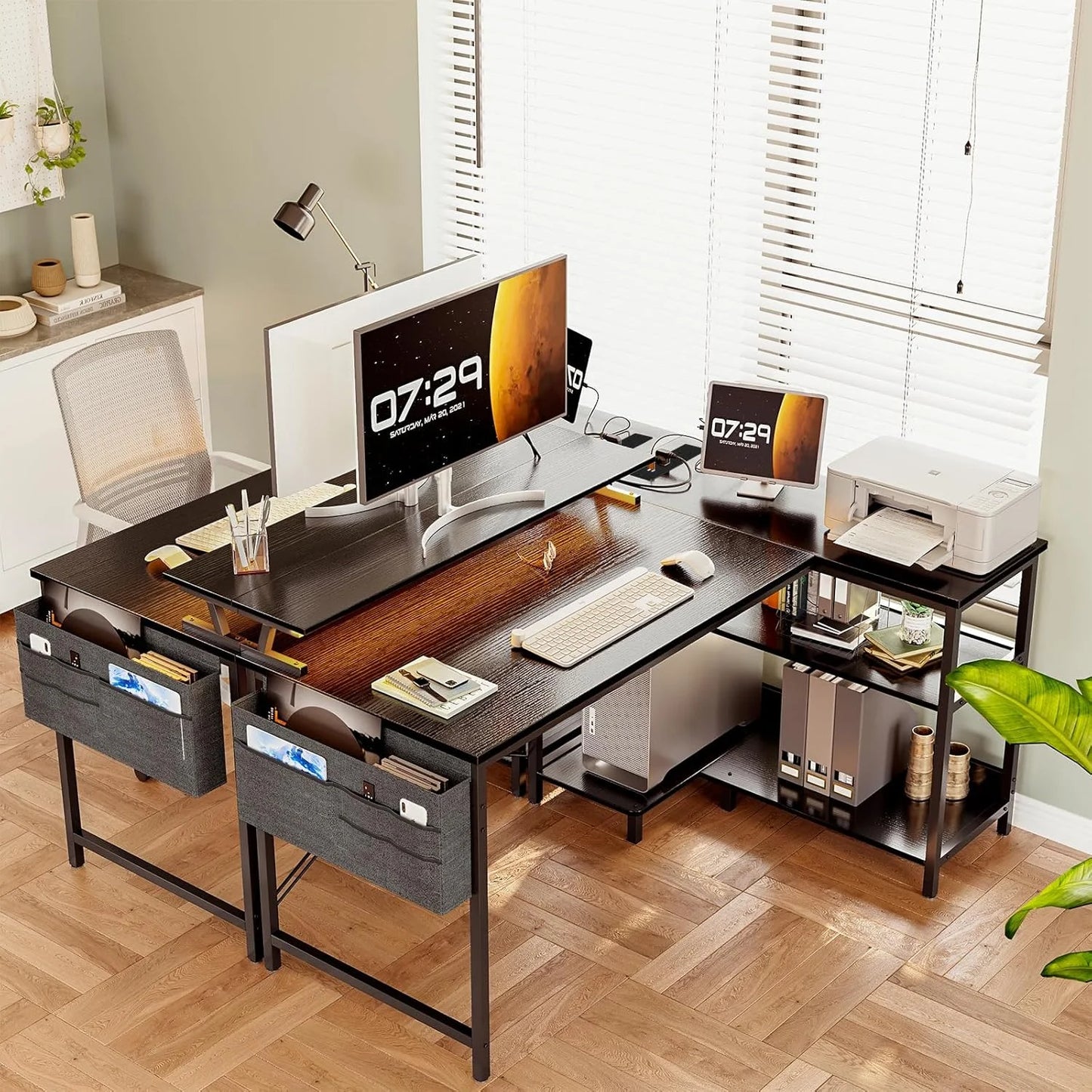 Coleshome L Shaped Gaming Desk with LED Lights, 120 × 80 cm Computer Desk with Power Outlet,  Black