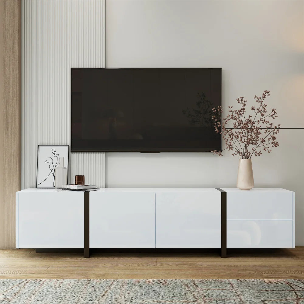 PINGGO TV cabinet, white high-gloss cabinet and black contrasting table legs, with simple cabinet doors and drawers.
