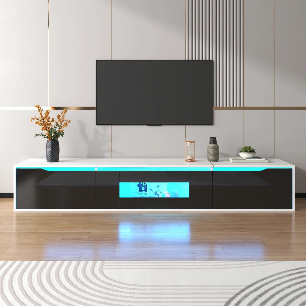 PINGGO TV cabinet, high-gloss TV cabinet, matching colours in white and high-gloss black, with colour-changing LED lights