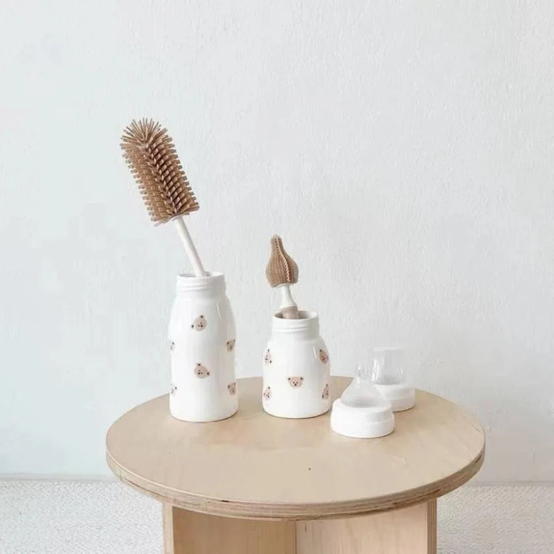 Korean Ins Newborn Bottle Nipple Brush Baby Special Long-handled Cleaning Brush Silicone Cleaning Brush Set