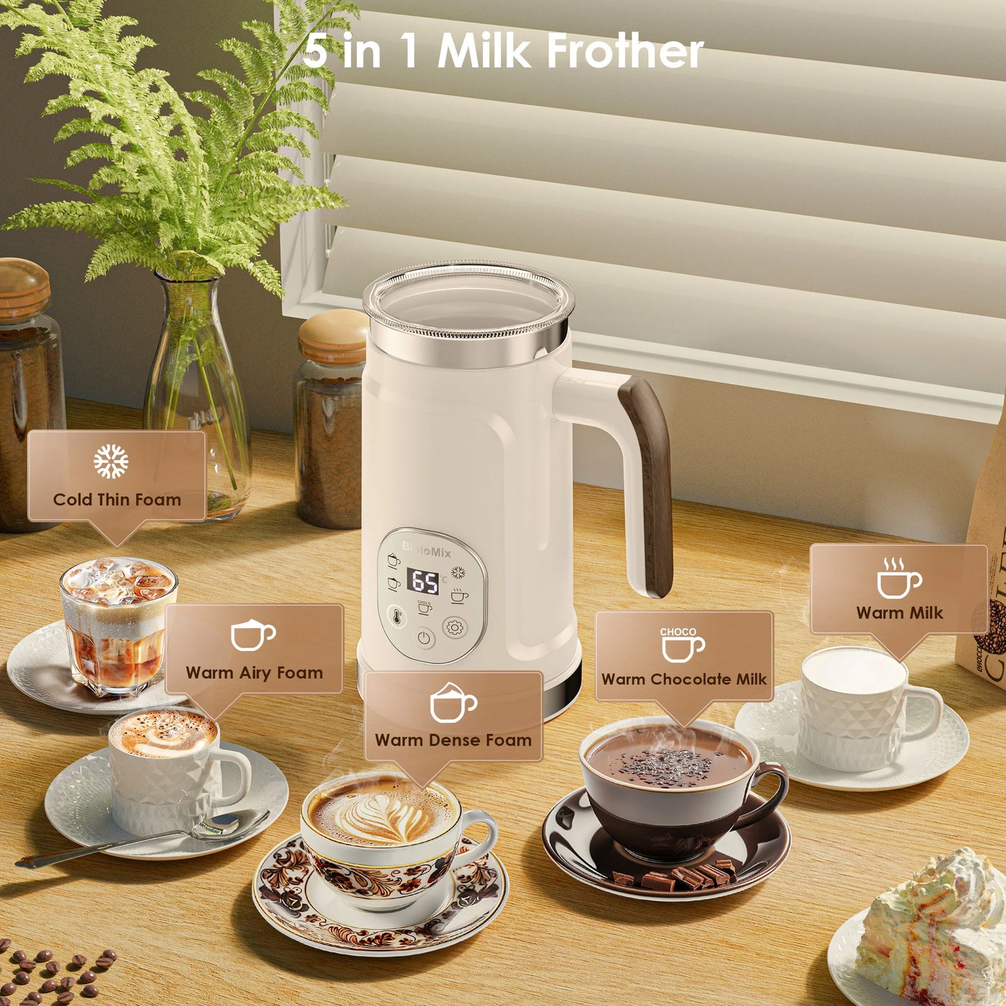 BioloMix 5-in-1 Milk Frother with Upgraded LED Display Touch Screen - Hot And Cold Foam Maker Milk Warmer for Coffee Latte