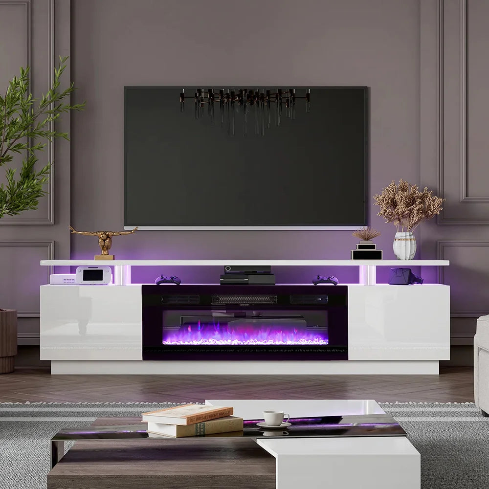 Electric Fire Insert TV Stand, 180cm Media Console Storage Table & 92cm Electric Fireplace with Remote Control, 12 LED Backlight