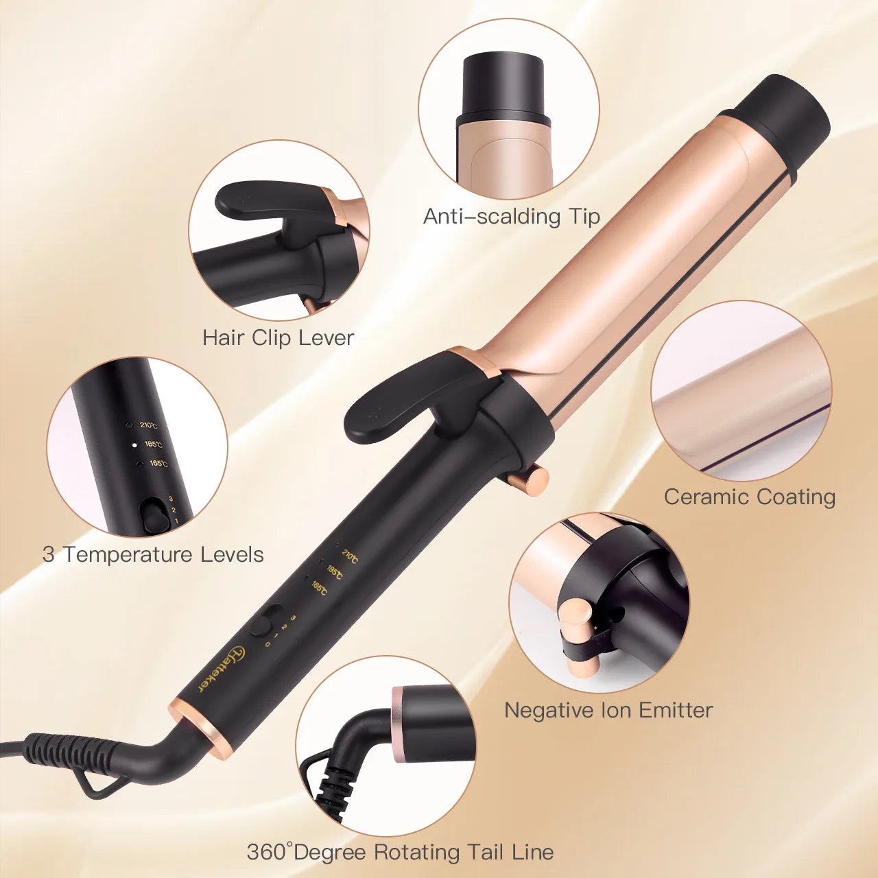 Hatteker Electric Curling Iron for Women 3-Level Temperature Control Ceramic Hair Protecting Curler Home Use Styling Tool US