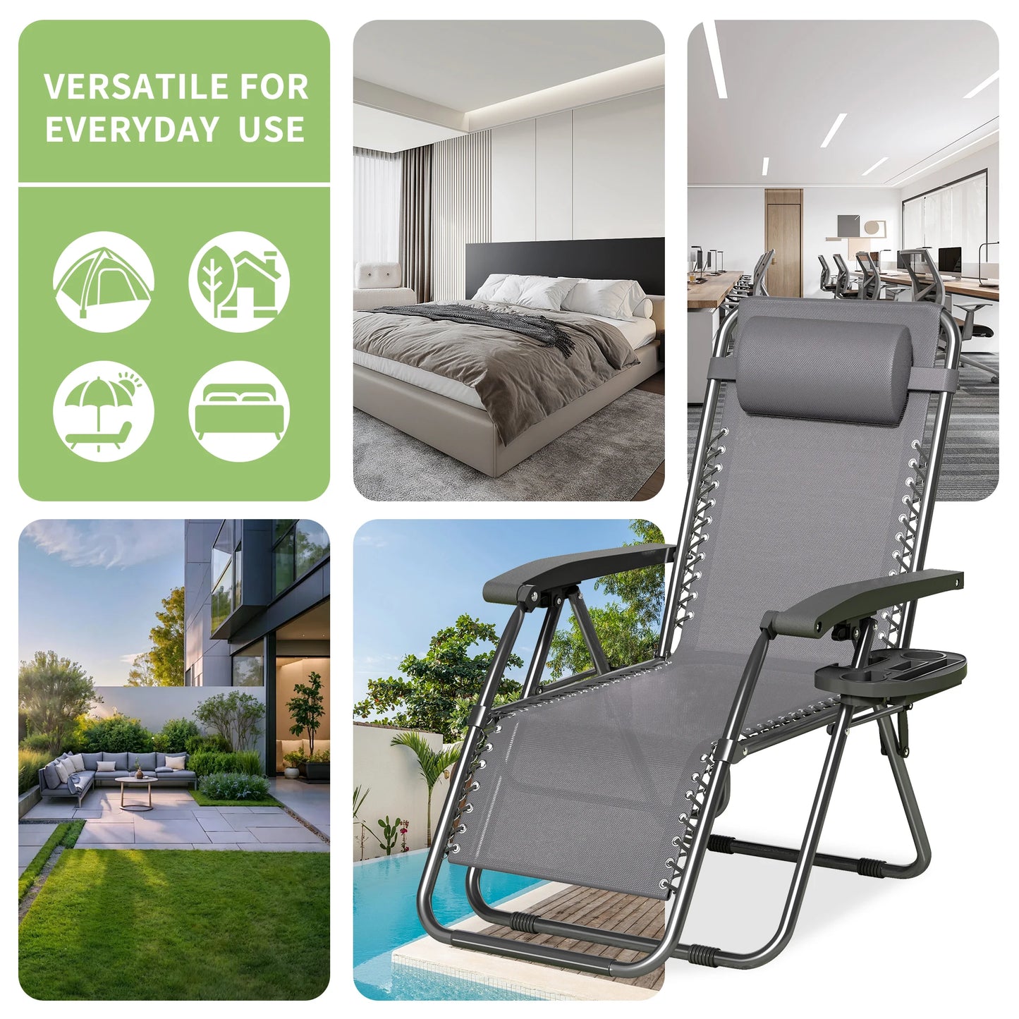 Zero Gravity Reclining Chair Set of 2 – Folding Outdoor & Garden Chairs with Textilene Fabric, Cup Holder and Headrest Pillow