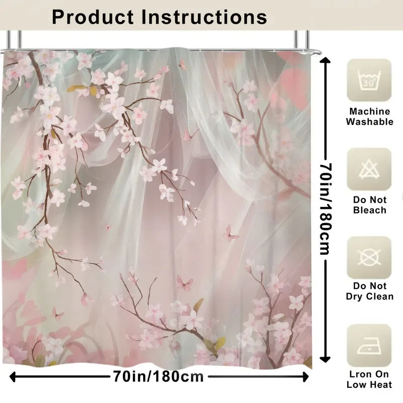 1pc Cherry Blossom and Butterfly Polyester Shower Curtain - Floral Print Bathroom Decor with Hooks, Machine Washable