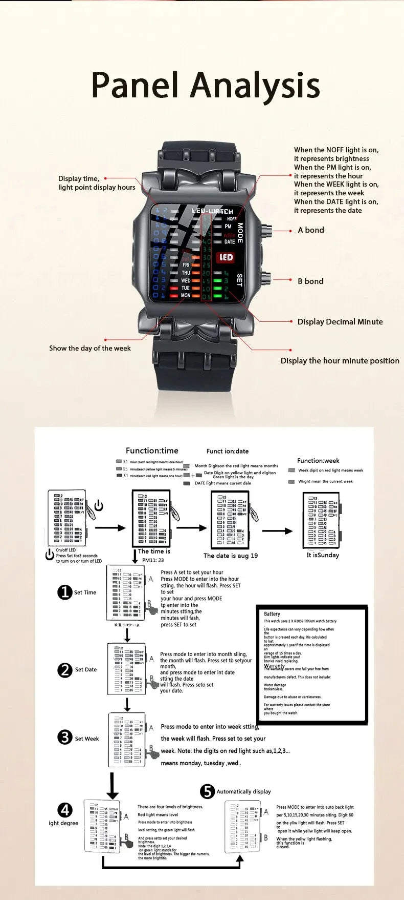 Binary Led Watch Creative Waterproof Business Electronic Watch Mens Trend Luminous Gift Sports Couple Date Time Display Watch