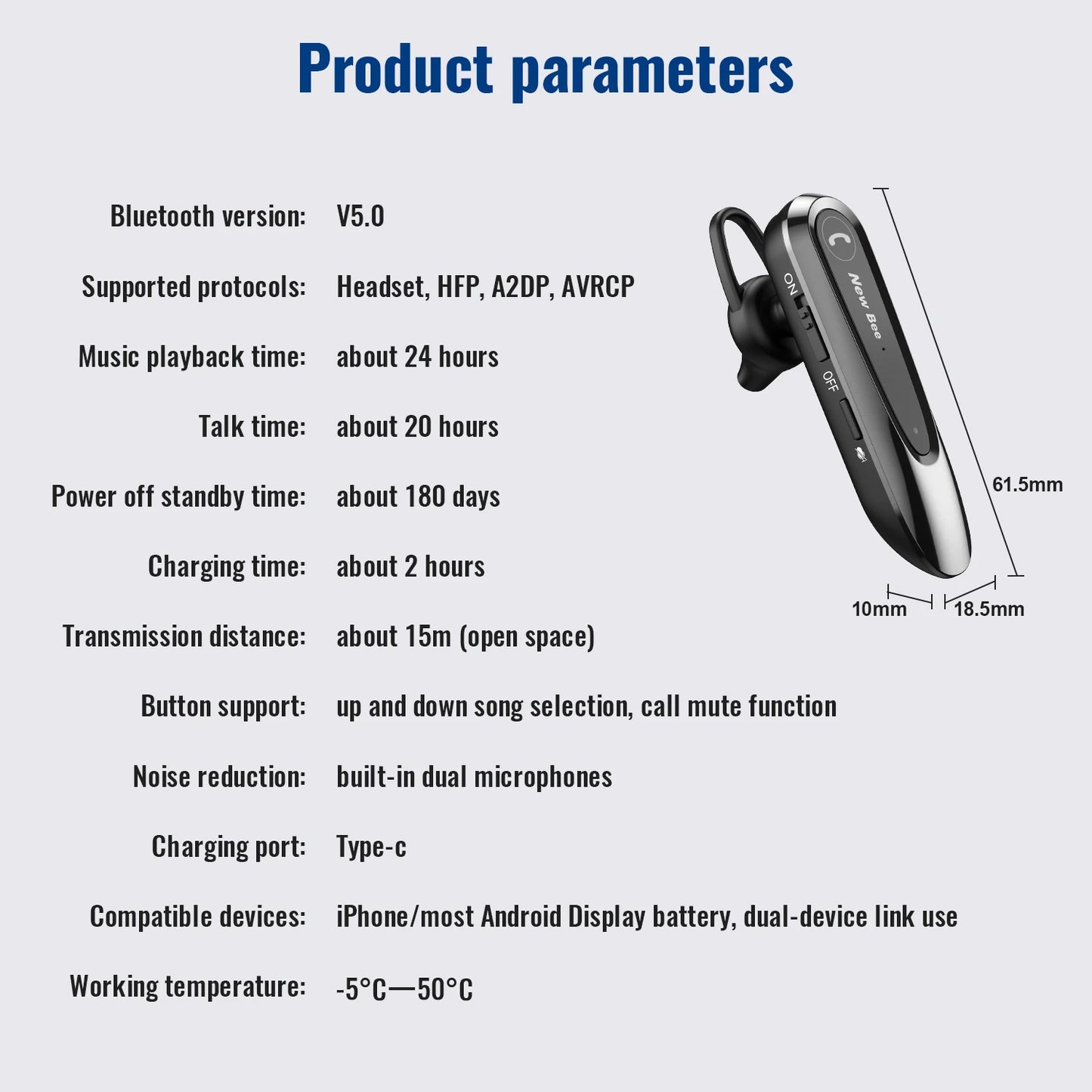 New Bee B45 Wireless Headset Bluetooth 5.0 Earphones Dual Mic Mute Handsfree Earbuds CVC8.0 Noise Reduction for Business Driving