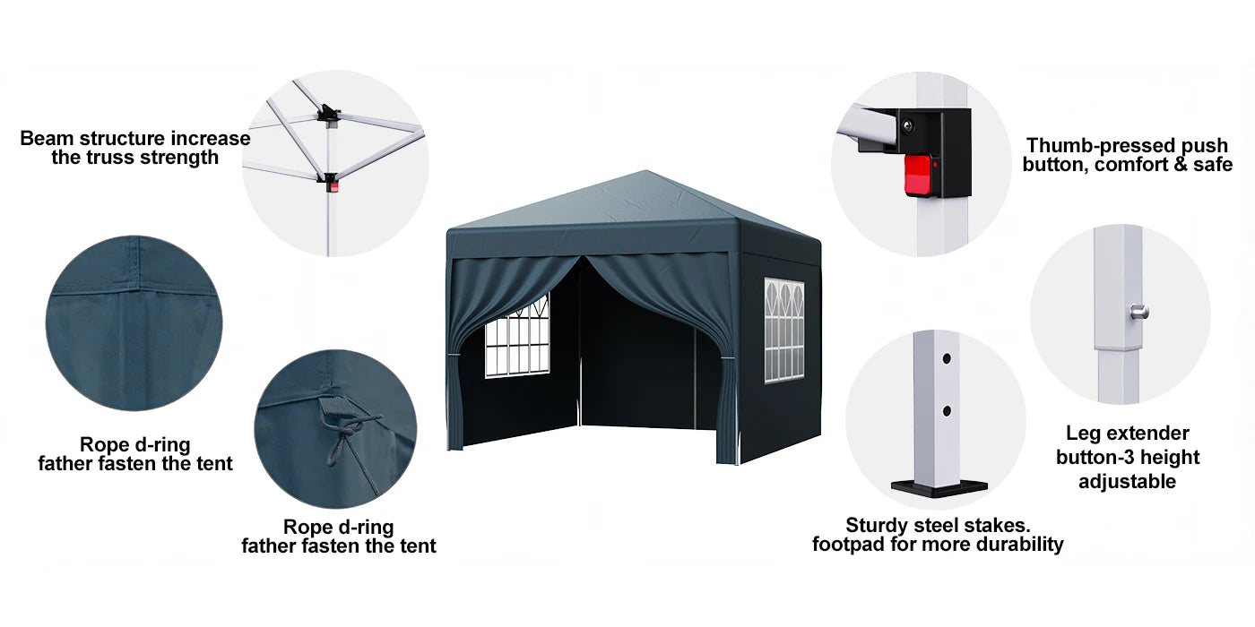 LOEFME 3x3M Pop Up Gazebo Waterproof Windproof Portable Outdoor Canopy Sun Shelter Removable 4 Sides Cloths Garden Camping Tent