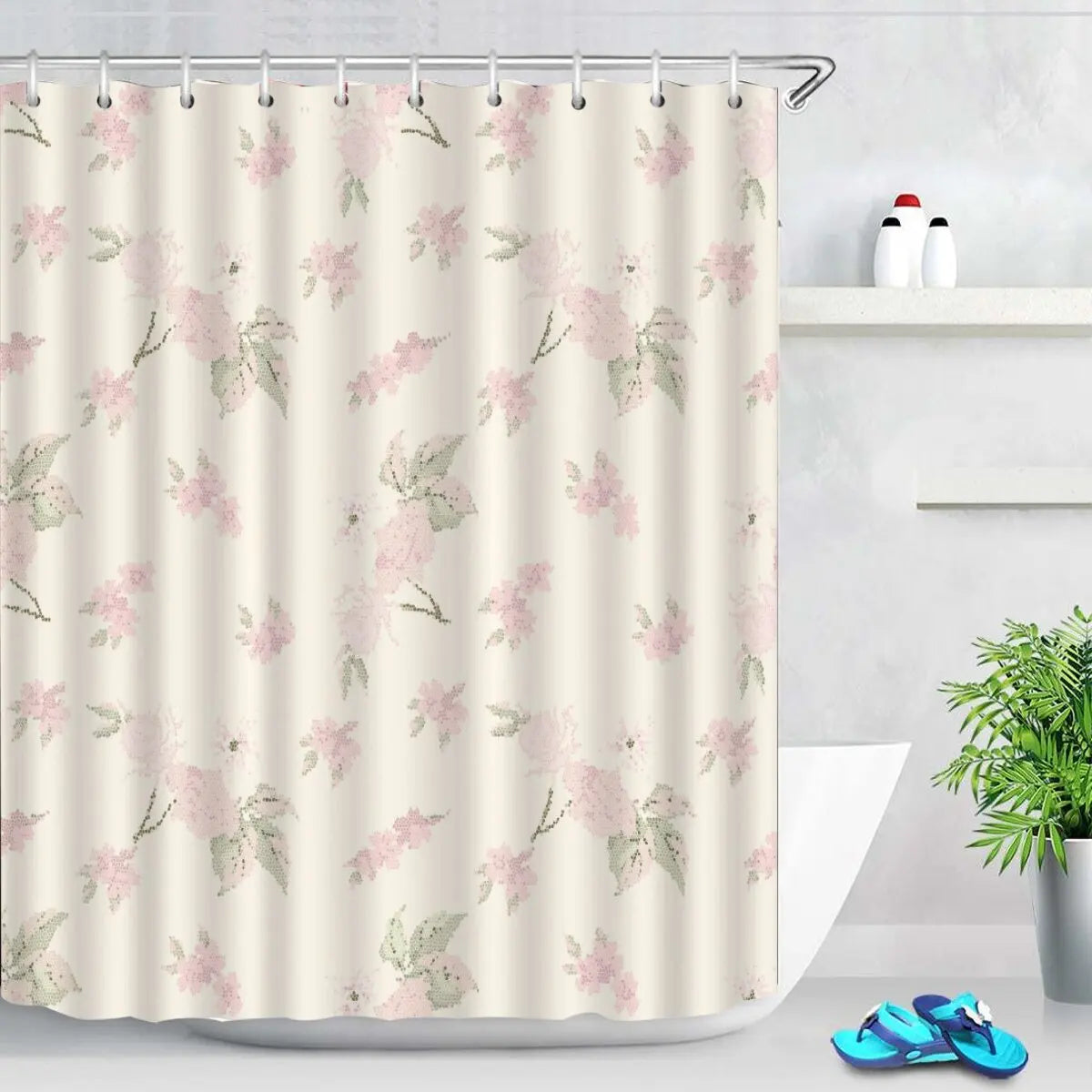 Pink Tulip Bathroom Curtain Flower Plant Shower Curtain Bathroom Polyester Waterproof Decorative Curtain with Hooks