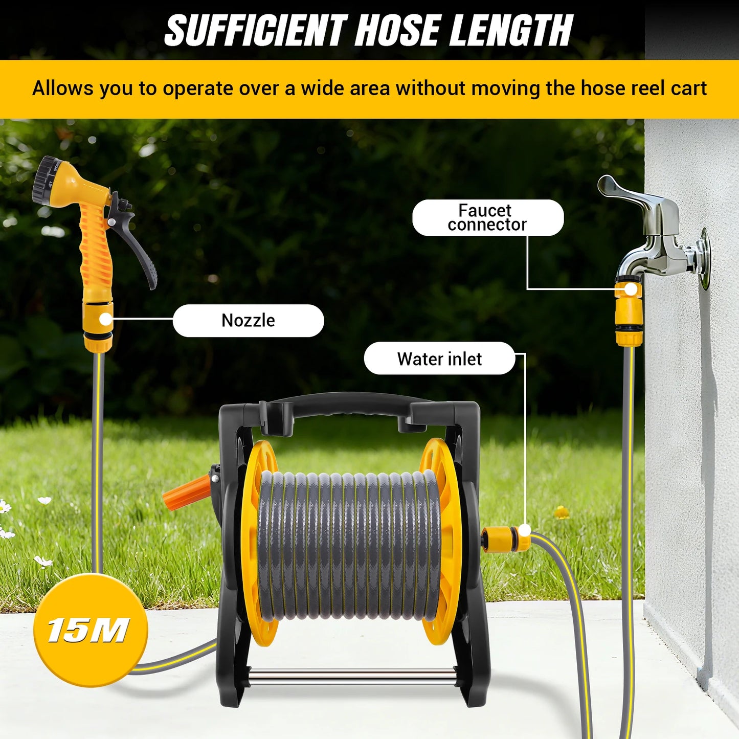 Garden Hose Reel with 15M/25M/30M Water Hose and 7-Function Spray Nozzle, Heavy Duty Portable Hose Reel, Wall Mountable/Portable,Save Space, Multi-Purpose Hosepipe for Watering Garden, Flowers, Cars