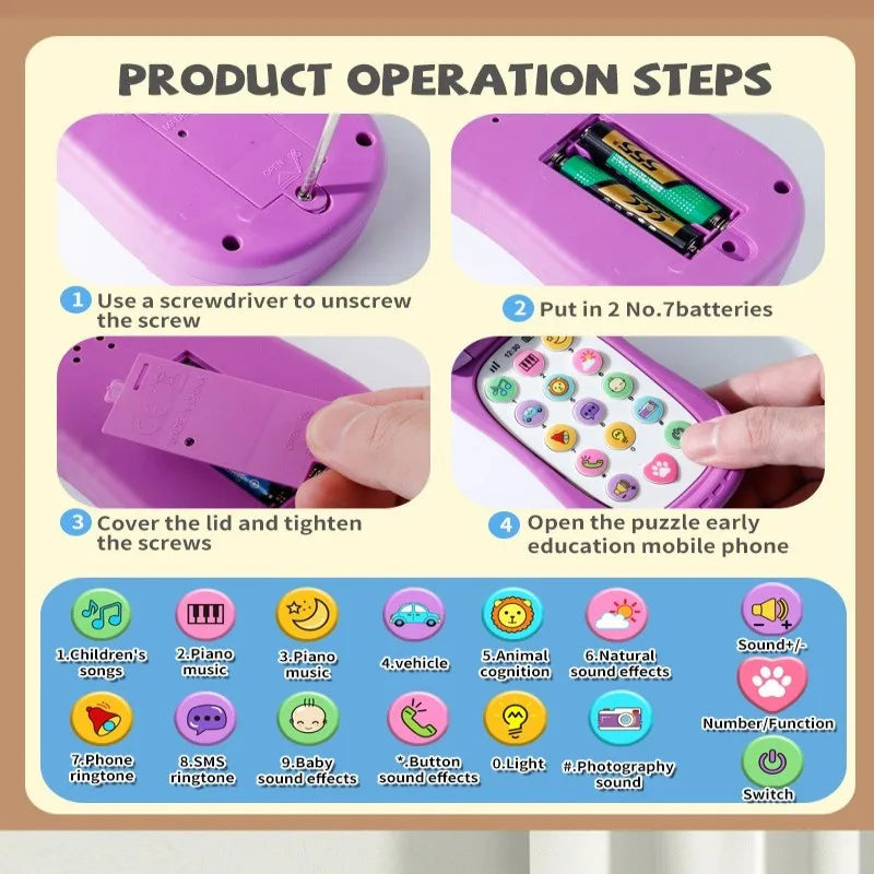 Puzzle early education music mobile phone cartoon simulation flip phone baby toy 61 children's gift English