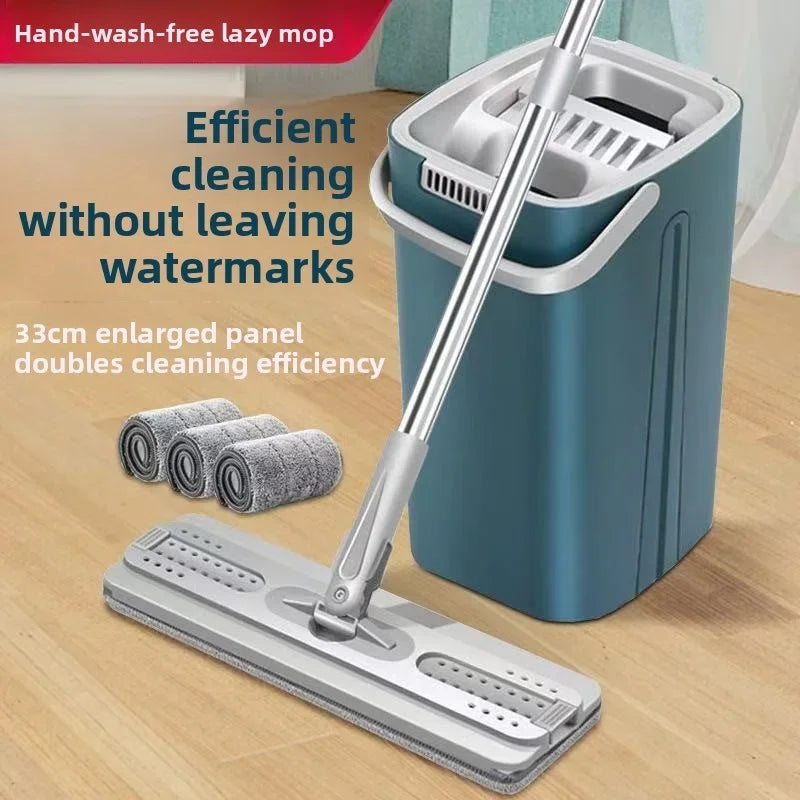 Hands-Free Squeeze Flat Mop and Bucket Set 33cm Large Self-Wringing Floor Cleaning Tool Dry Wet 360 Spin with 4 Pads Home