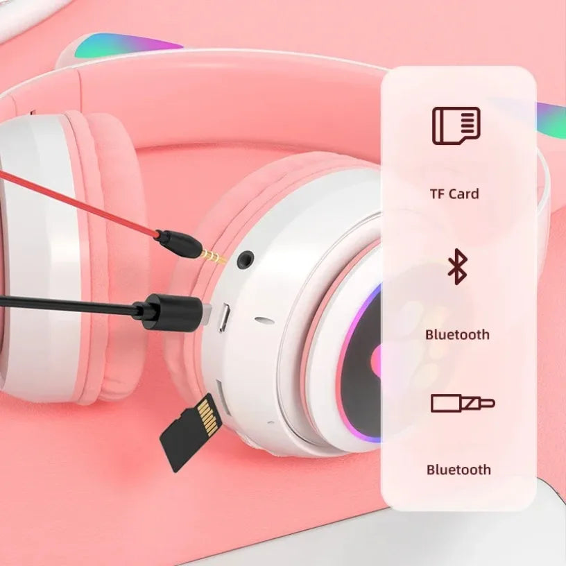Bluetooth 5.0 Stereo With Mic Flash Lamp Cute Cat Ears Headphone Support TF Card Wireless Kids Girl Earphone Birthday Gift