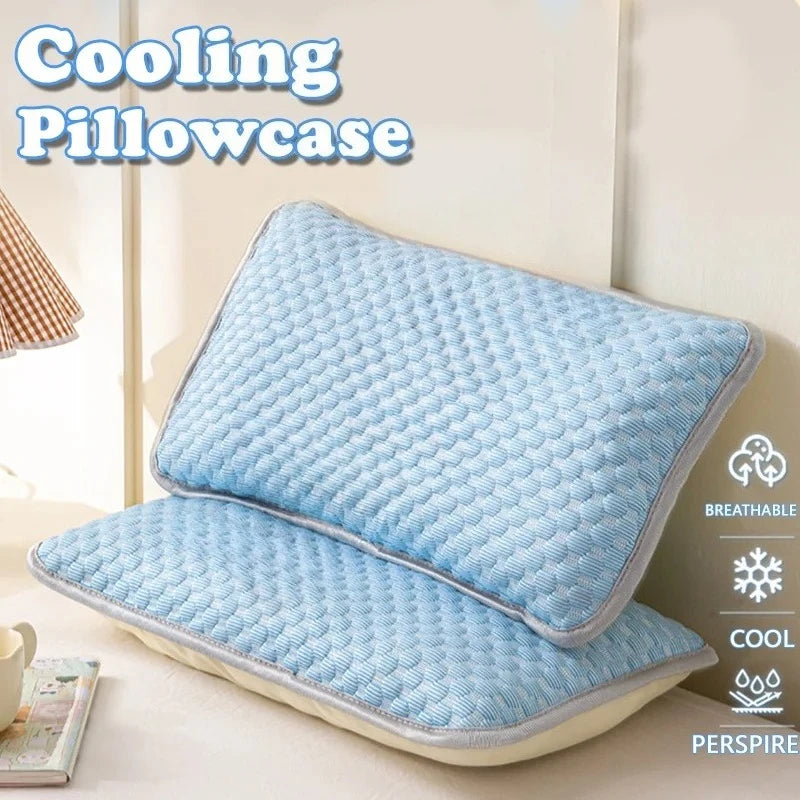 Summer Cooling Ice Silk Pillowcase with Cool Beads Solid Color Washable Breathable Pillow Cover for Home Bedroom