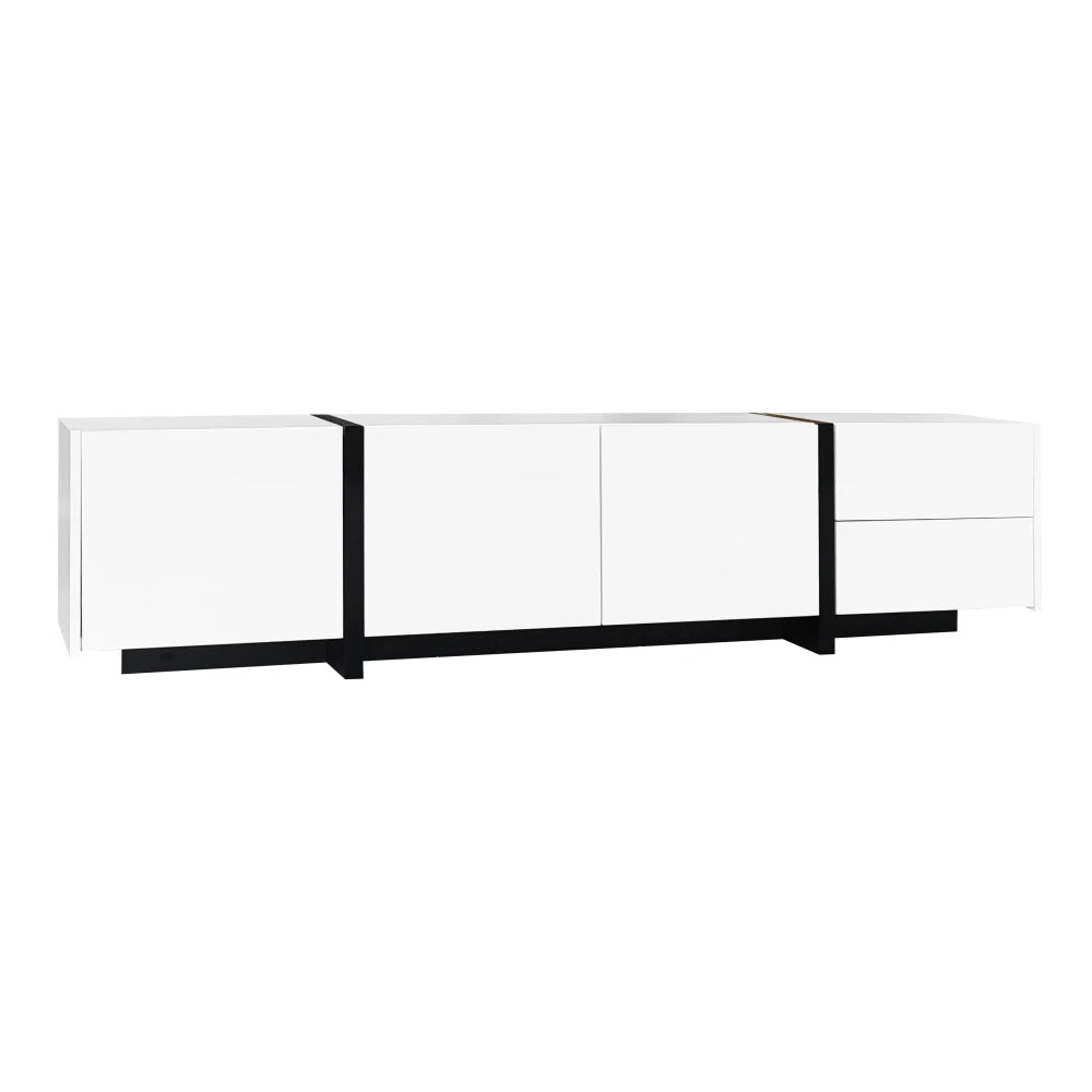 PINGGO TV cabinet, white high-gloss cabinet and black contrasting table legs, with simple cabinet doors and drawers.