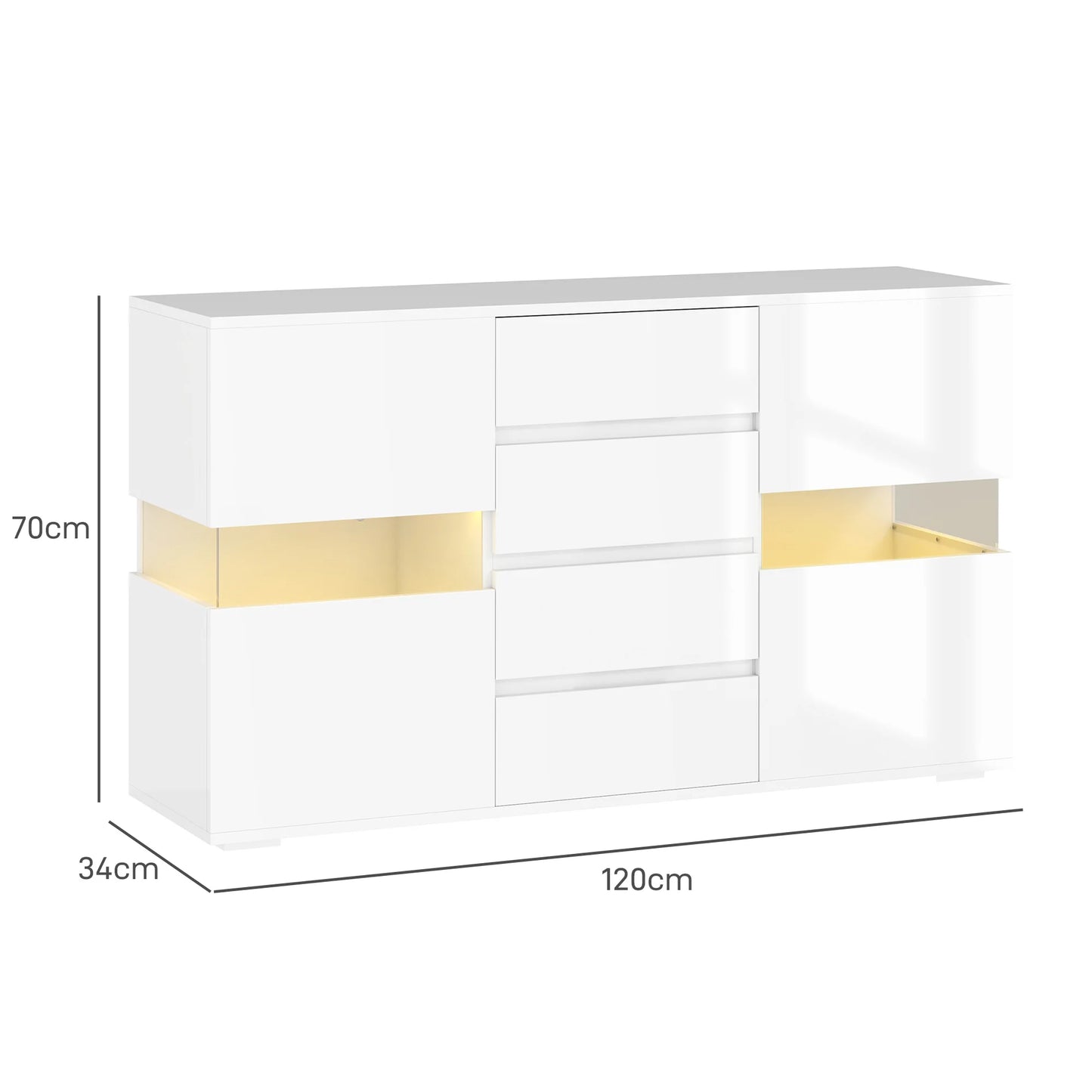 HOMCOM LED Sideboard, High Gloss Storage Cabinet with 4 Drawers, White