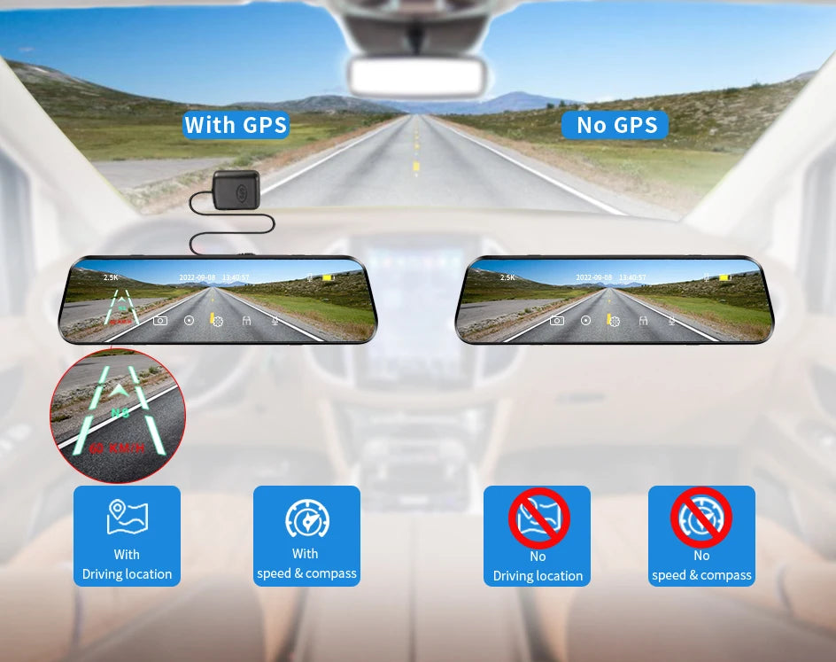E-ACE 2.5K Mirror Camera For Car Touch Screen Video Recorder Rearview Mirror Dashcam 1440P GPS Wifi 24H Parking DVR Black Box
