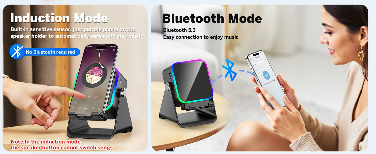 Magnetic Induction Speaker Phone Stand Wireless Bluetooth Phone Holder Amplifier Portable Desk Speaker RGB Light 5000mAh Battery