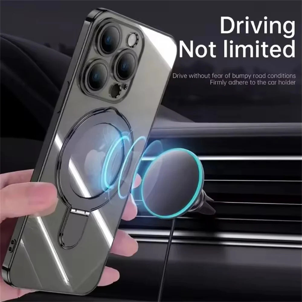Luxury For Magsafe Bracket Case For iPhone 17 Air 16 Pro 15 14 13 12 11 Pro Max Magnetic Ring Stand Holder Clear Soft Cover