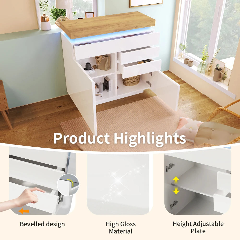 PINGGO Chest of Drawers,High-gloss Sideboard Cabinet with 2 Doors and 3 Drawers,Storage with RGB LED,115 x 110 x 39 cm, White