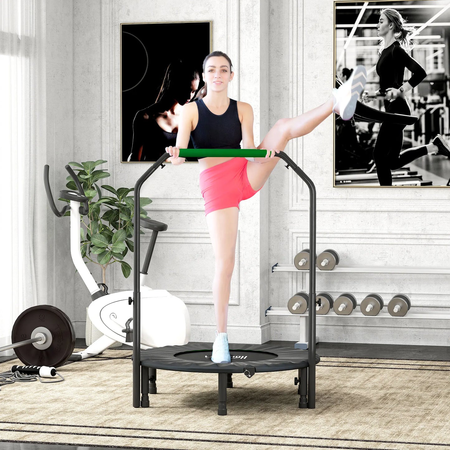 HOMCOM 40" Foldable Mini Trampoline with Adjustable Foam Handle, for Cardio Training, Green