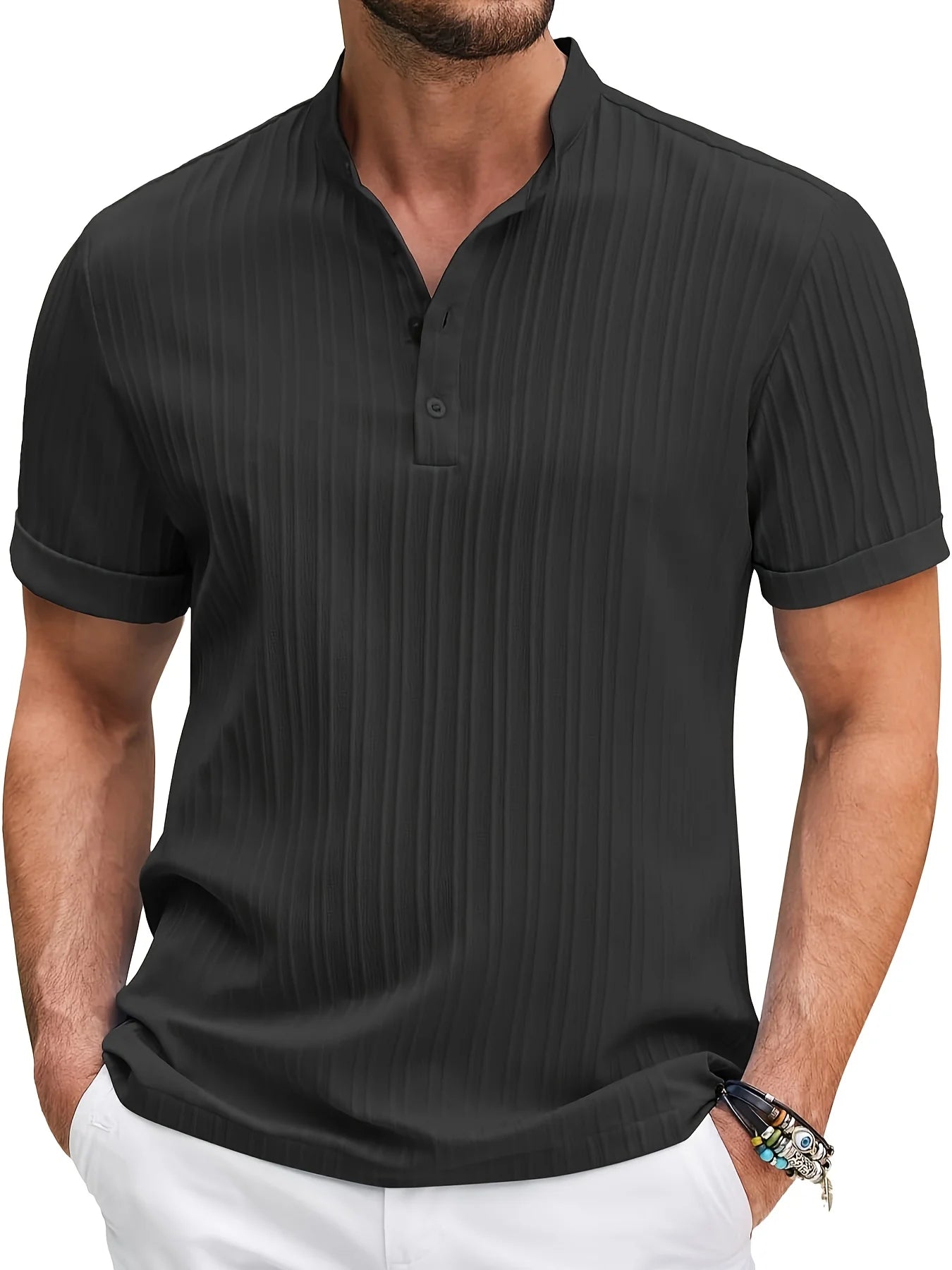 Hawaiian Men's Retro Cotton And Linen Henry Shirt Casual Loose With Sporty Stand-up Collar Buttons 2026 New Men's Casual Shirt