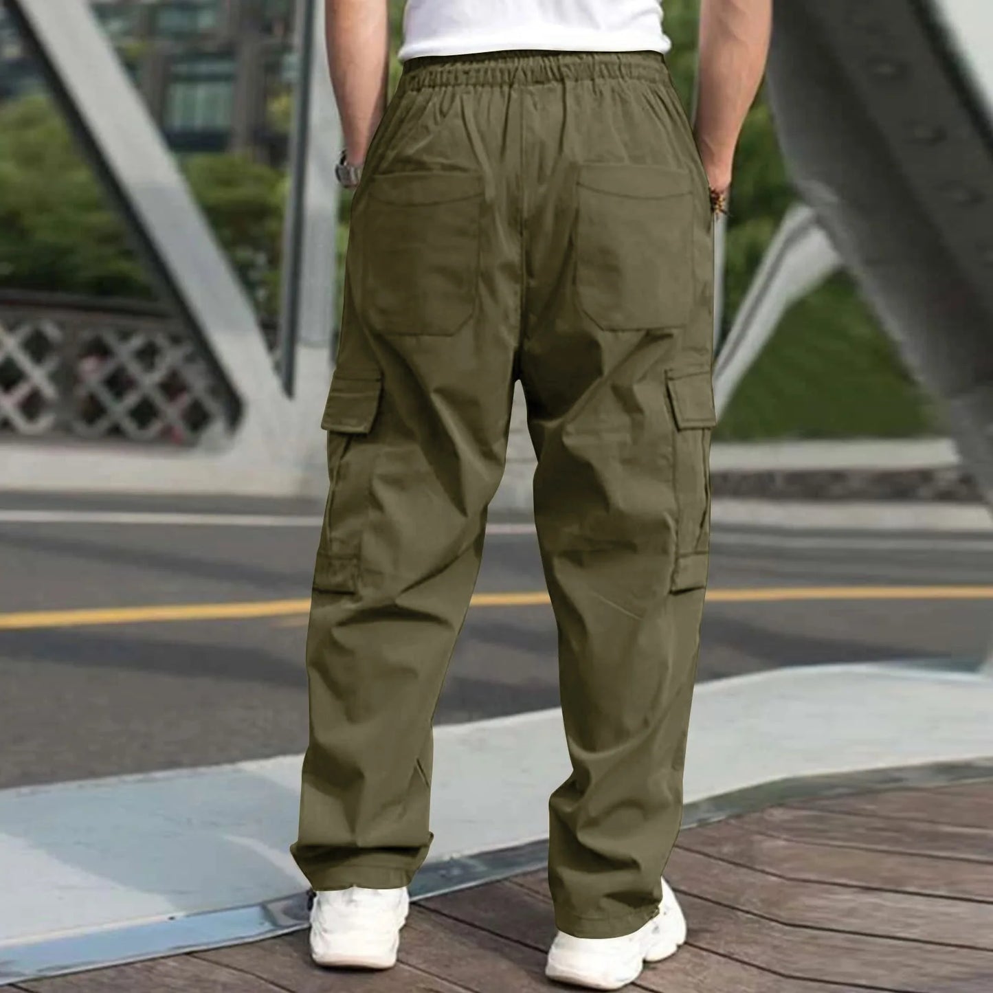 Men Loose Cargo Pants Summer Male High Elastic Waist Zip Pocket Straight Full Trousers BFDZ-A717