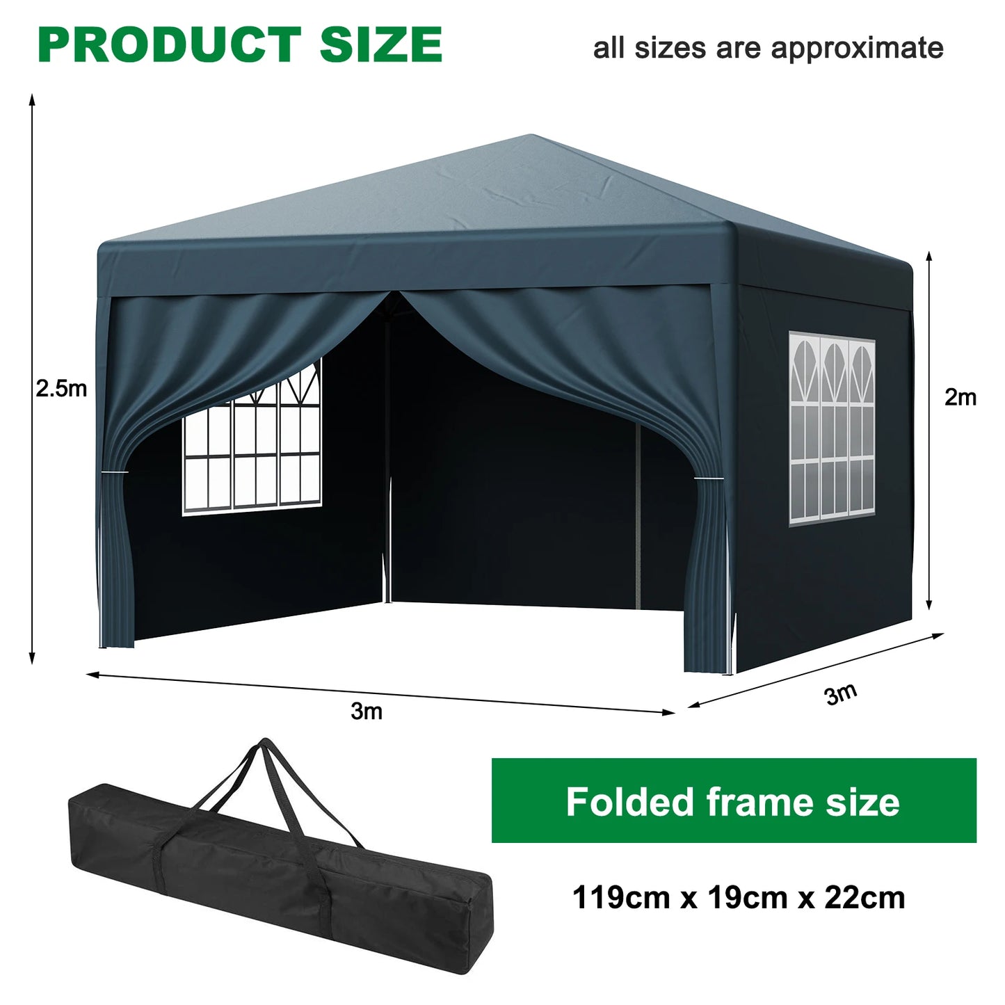 LOEFME 3x3M Pop Up Gazebo Waterproof Windproof Portable Outdoor Canopy Sun Shelter Removable 4 Sides Cloths Garden Camping Tent