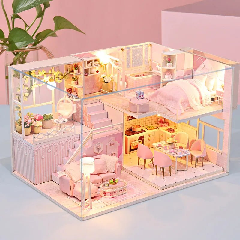 DIY Wooden Doll House Handmade Duplex Apartment Production 3D Puzzle Assembly Building Duplex Apartment Model Toy Children Gifts