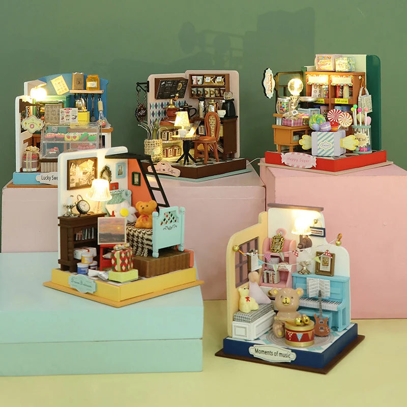3D Puzzles Wooden Coffee Shop Mini Dollhouse Kit DIY Handmade Assembly Building Dollhouses Toys For Kids Birthday Gifts