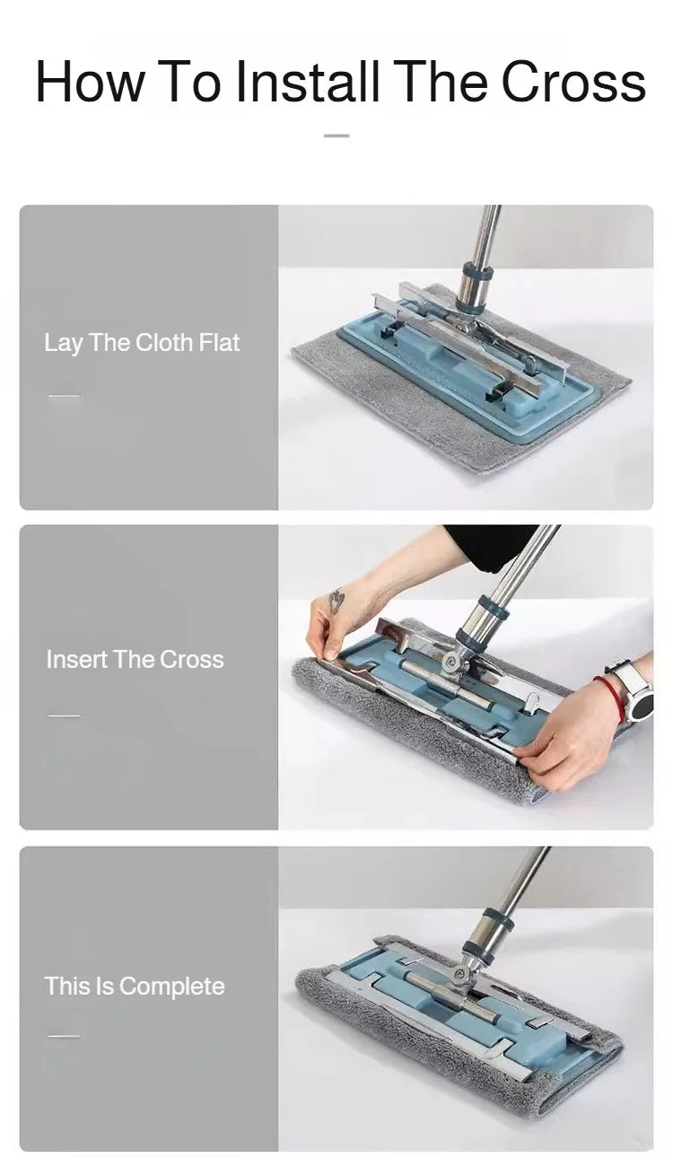 Lazymen Steel Clamp Flat Mop No Hand Wash Needed Floor Cleaning Tool Home Use Stainless Steel Pole Fine Fiber Cloth Dust Pusher