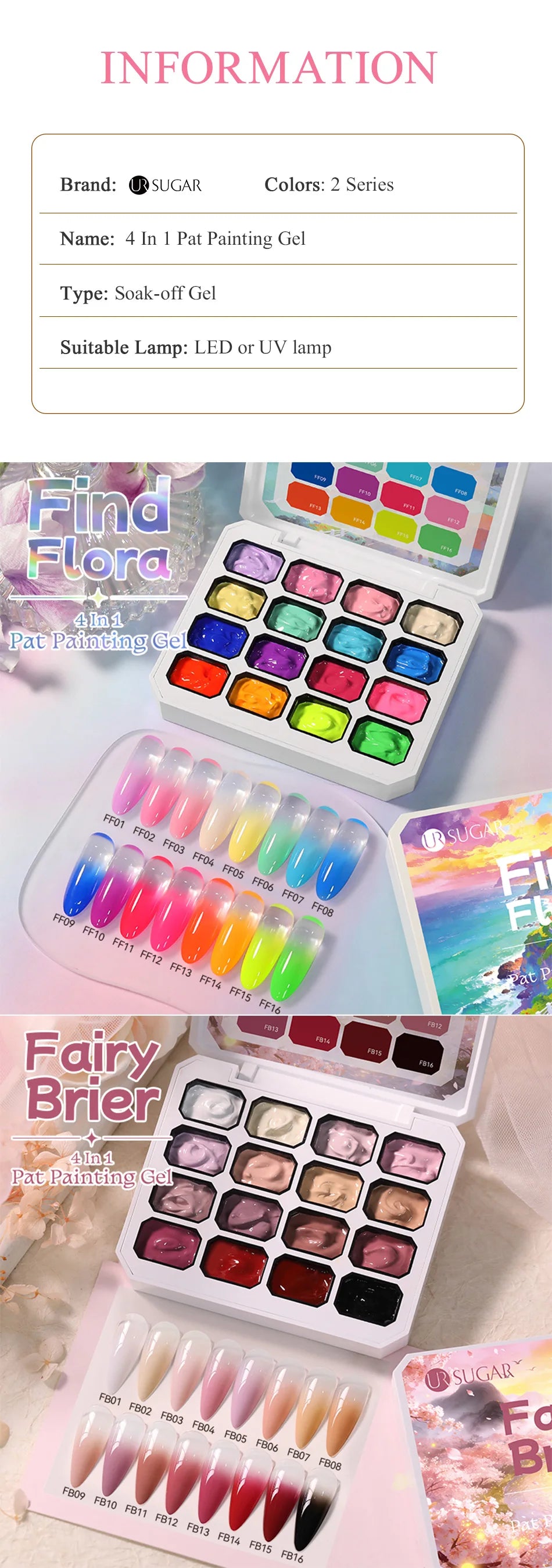 UR SUGAR 4 in 1 16 Colors Pat Painting Gel For Gradient  Stamping Drawing Pattern UV/LED  Gradient Patting Gel Palette