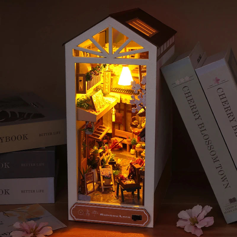 DIY Book Nook Kit Shelf Inser Dollhouse Model Building Kit Wooden Bookshelf Room Dollhouse Bookend Toy For Adults Birthday Gifts
