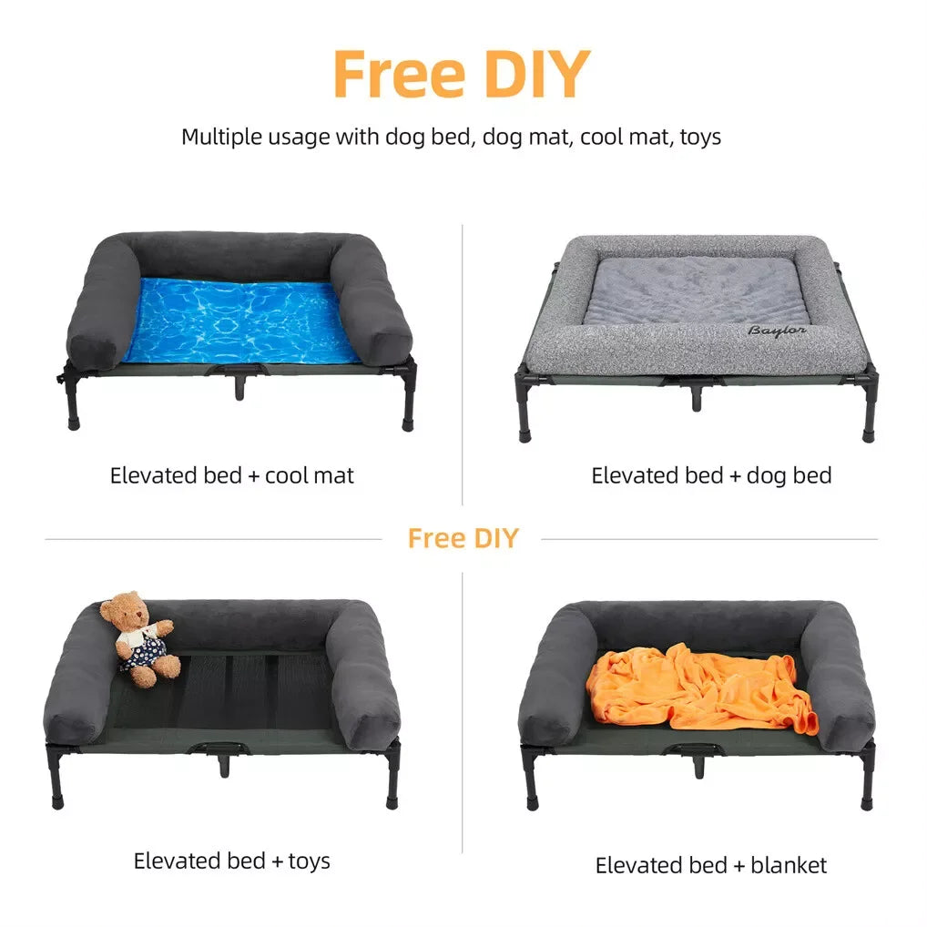 BINGOPAW Outdoor Dog Bed Elevated Cooling Pet Lounger with Detachable Plush Bolster Mesh Cot Sleep for Camping