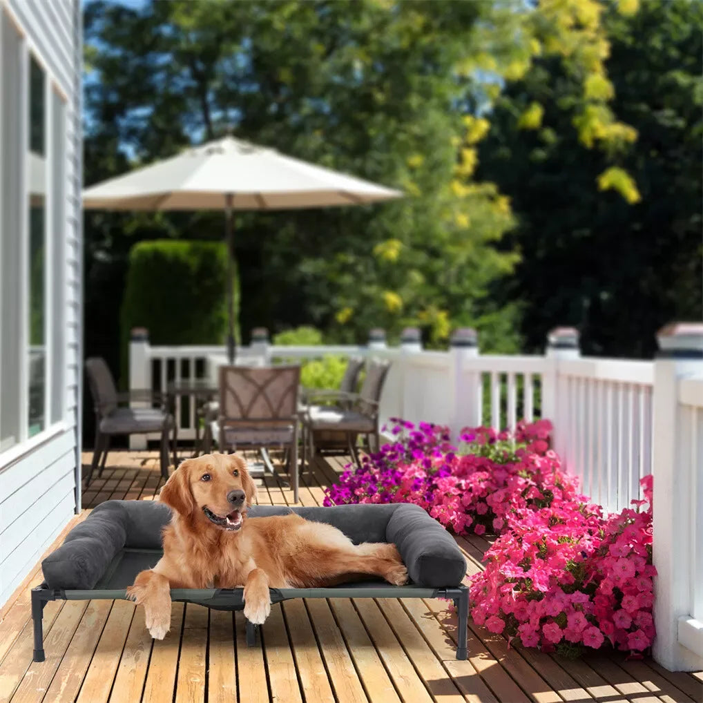 BINGOPAW Outdoor Dog Bed Elevated Cooling Pet Lounger with Detachable Plush Bolster Mesh Cot Sleep for Camping