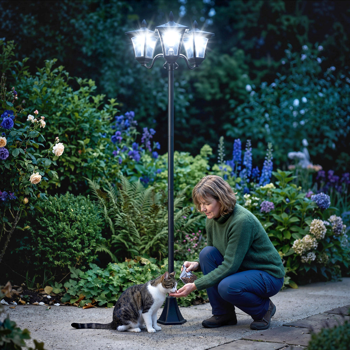 Outsunny 1.8m Traditional Victorian Style 3 Way Head Outdoor Garden Solar Post Lamp Sensor Dimmable LED Lantern Bollard Pathway IP44 – Black