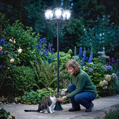 Outsunny 1.8m Traditional Victorian Style 3 Way Head Outdoor Garden Solar Post Lamp Sensor Dimmable LED Lantern Bollard Pathway IP44 – Black