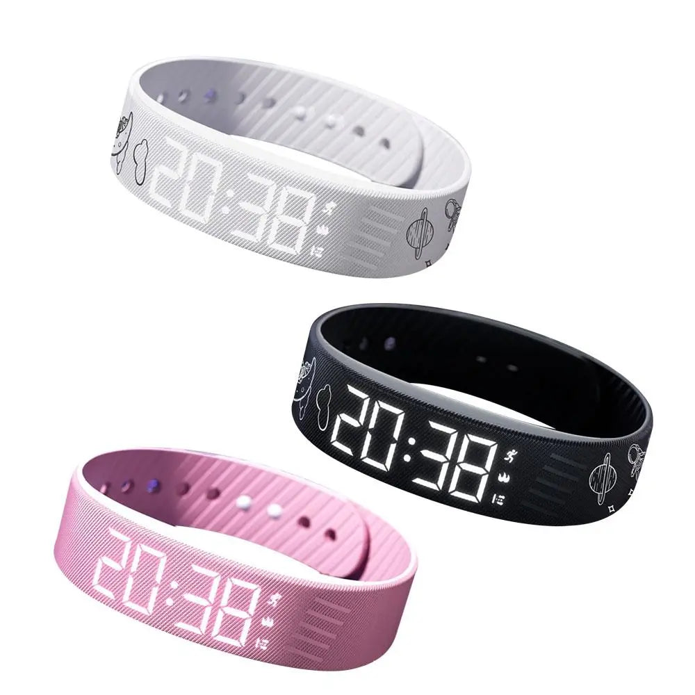 LED Digital Alarm Clock Watch Adjustable Silicone Snooze-proof Alarm Bracelet with Running Pedometer Waterproof Vibrating Alarm