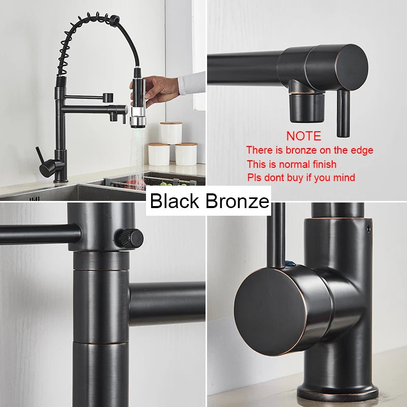 Black Pull Down Brass Kitchen Sink Faucet Hot Cold Water Mixer Crane Tap with Dual Spout 360 Rotation High Faucet Deck Mounted