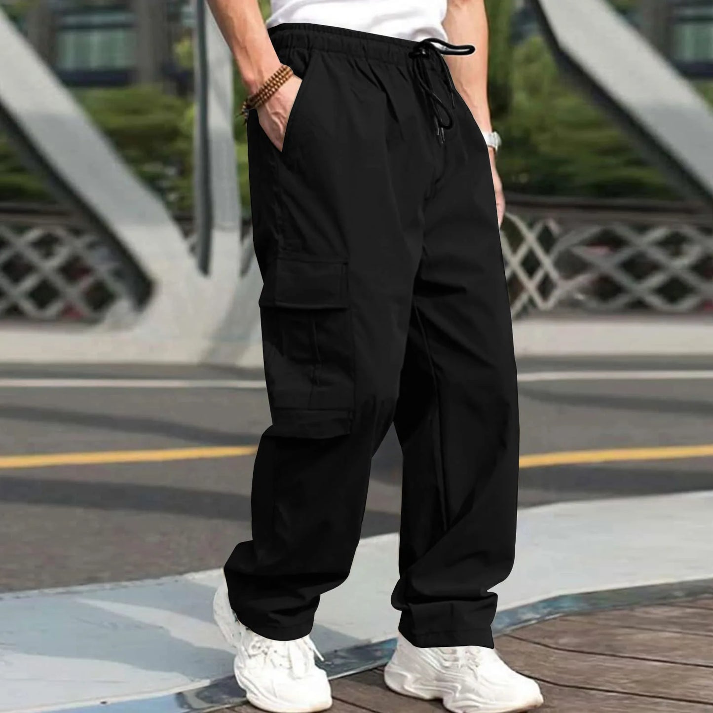 Men Loose Cargo Pants Summer Male High Elastic Waist Zip Pocket Straight Full Trousers BFDZ-A717