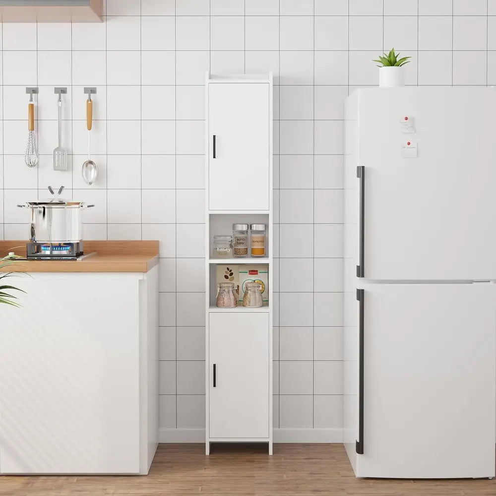 Tall Cabinet, Narrow Bathroom Storage Unit with 2 Doors amp Open Compartments, Slim Kitchen Cabinet for Small Spaces, Freestand