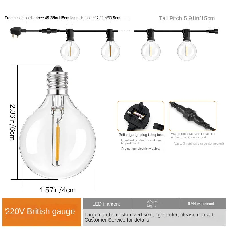 5-25PCS Vintage G40 Led String Light Replacement Bulb 1W 3V 120V 220V Plastic Shatterproof Globe Ball Lamp E12 Base 2700K Edison