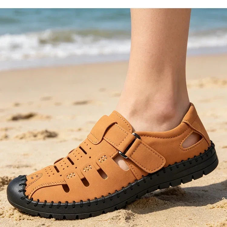 Men's Summer Hollow out Comfortable Breathable Slip-On Leather Shoes Anti-Slip Soft Bottom Outdoor Casual Loafers-1375
