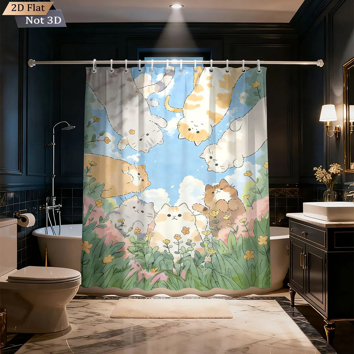 1pc Cute Cartoon Cat Printed Waterproof Shower Curtain Partition Privacy Hanging Curtain with 12 Hooks Multiple Sizes
