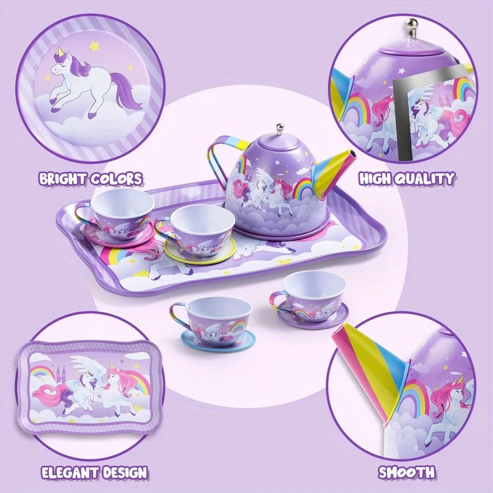JOYFY Unicorn Tea Party Set Pretend Purple Tin Teapot Set Princess Tea Time Play Kitchen Toy for Girls Birthday Chirstmas Gift